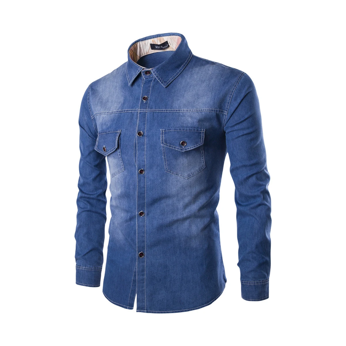 Camicia di jeans da uomo taglie forti, doppi taschini sul petto, vestibilità slim, maniche lunghe, comfort e stile garantiti. — foto 4