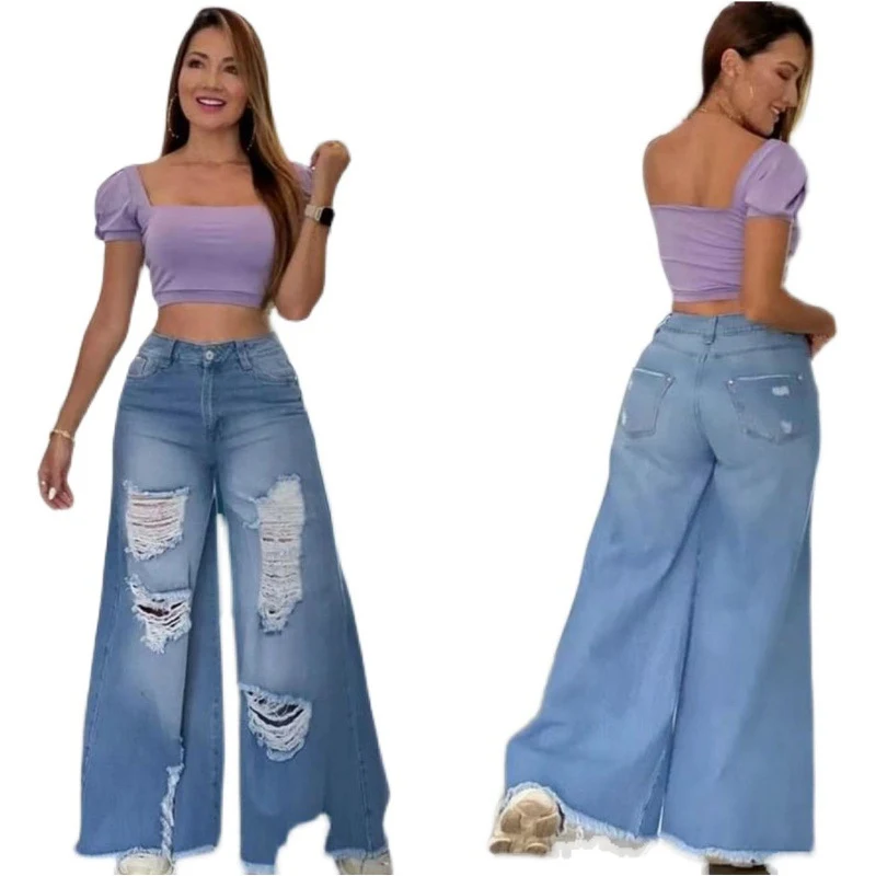 Pantalones Vaqueros de Pierna Ancha con Agujeros para Mujer, Sexy y a la Moda, Comodidad y Estilo para un Look Atrevido. — foto 2