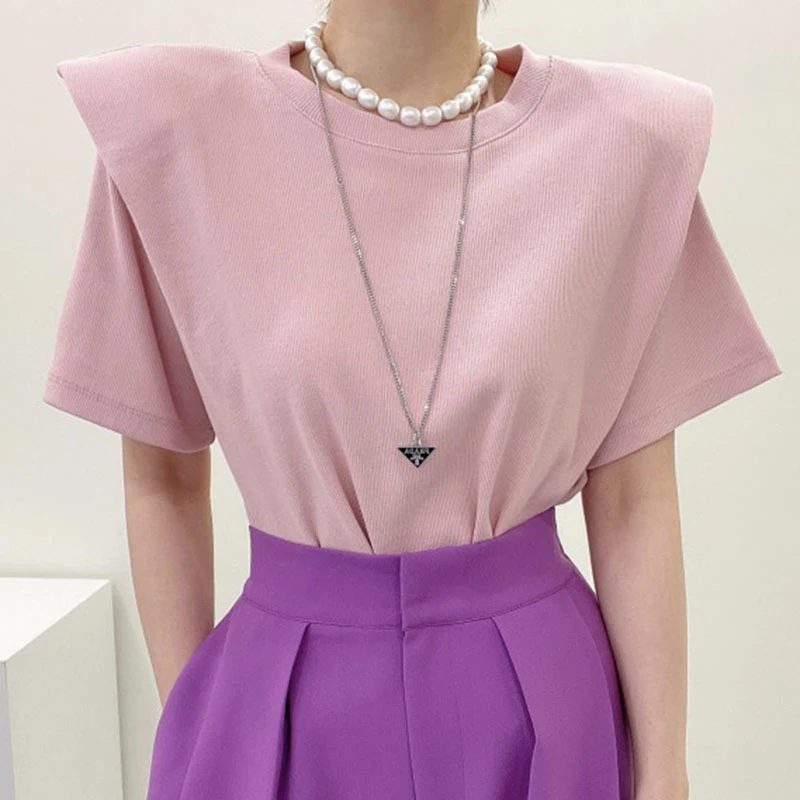 T-shirt pullover in due pezzi finta con collo rotondo color caramello di nicchia estiva — foto 1