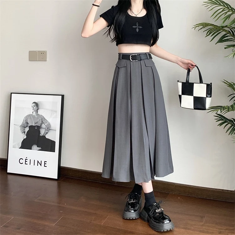 Saia plissada de terno cinza feminina, verão, cintura alta, emagrecimento, barra ampla. Perfeita para um look elegante e fresco. — foto 19