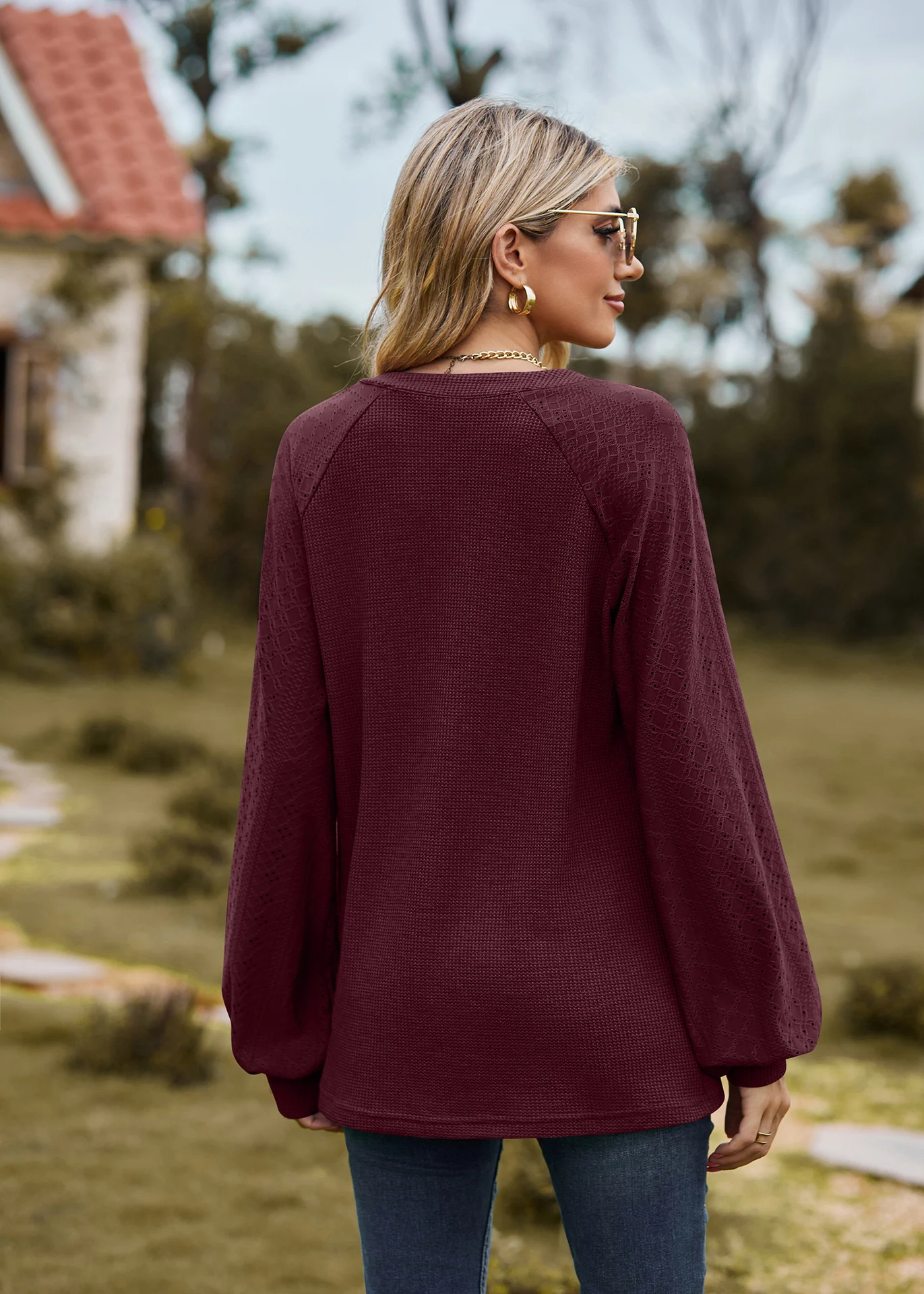 Title 24, Solid Color V-neck Patchwork Loose Long Sleeve ...
