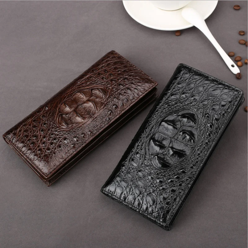 Carteira de couro de crocodilo masculina, longa, com várias divisórias para cartões, feita de couro de vaca, elegante e prática. — foto 6