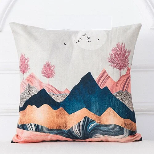 Capa de almofada pintura a óleo nascer do sol montanha e árvores, arte para seu sofá. Decore com conforto e beleza. — foto 2
