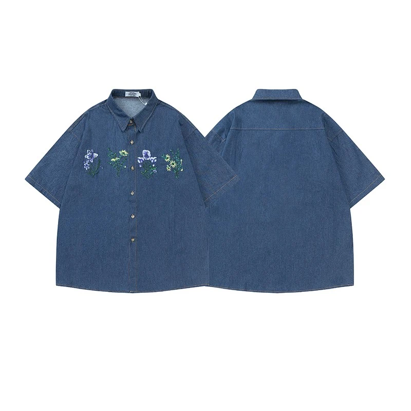 Vintage Floral Embroidered Denim Short Sleeve Shirt — photo 1