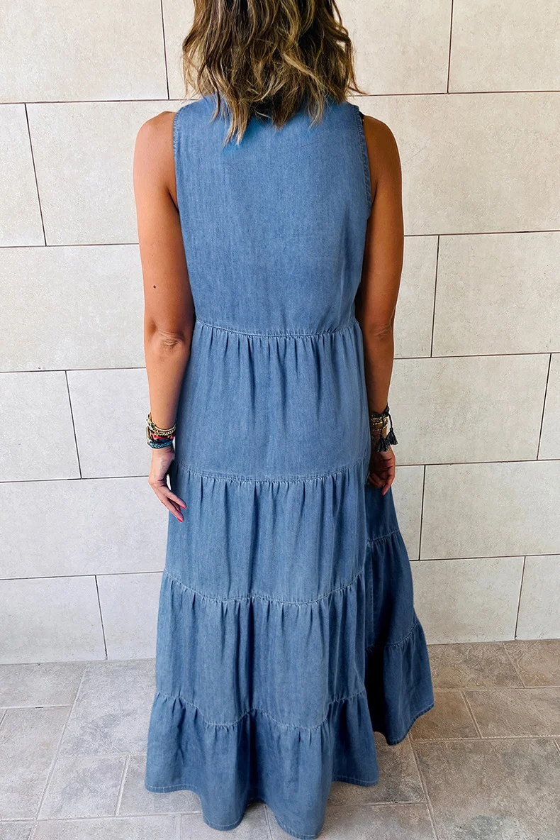 Women's Sleeveless Denim Fashion Retro High Waist Layered Dress — photo 3