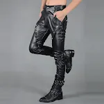 Heren casual leren broek voor herfst en winter, nauwsluitend, ritssluiting en stiksels. Comfortabele en stijlvolle herenbroek voor de koudere dagen. — foto 12