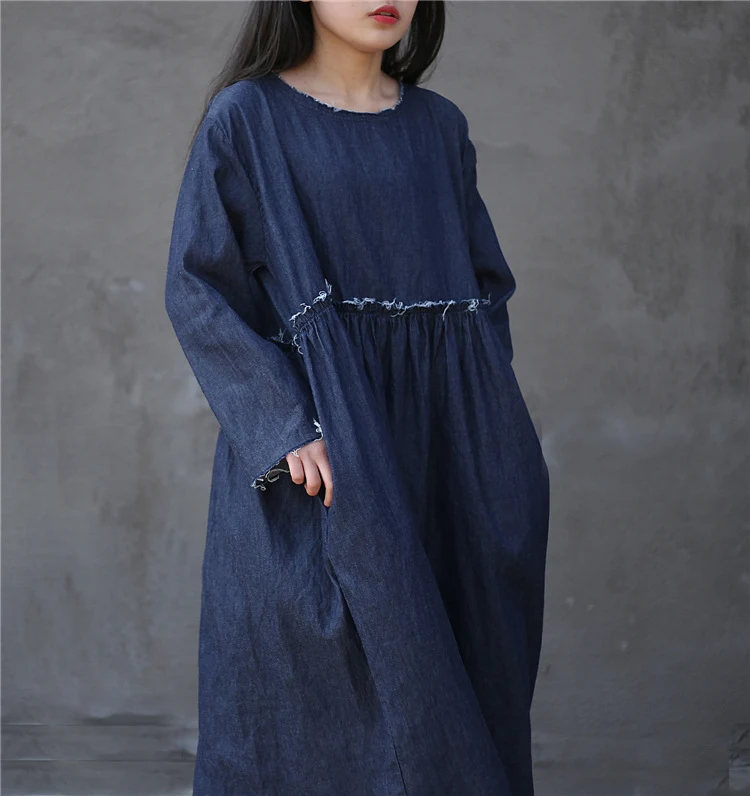Spring Denim Blue High Waist Pleated Loose Burrs Dress — photo 7
