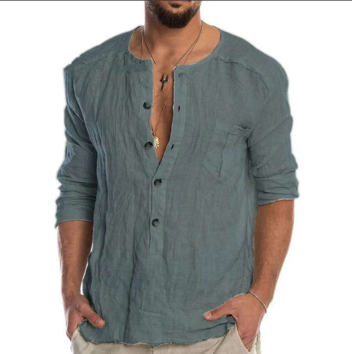 Solid color cotton and linen men's round neck button down shirt. Comfortable, breathable, and stylish for everyday casua — photo 4
