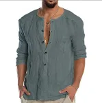 Solid color cotton and linen men's round neck button down shirt. Comfortable, breathable, and stylish for everyday casua — photo 4