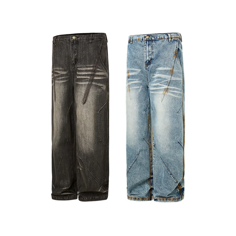 American Retro Daddy Dirty Dyed Pleated Jeans offer a loose, wide-leg fit for a unique niche style and comfortable, ever — photo 1