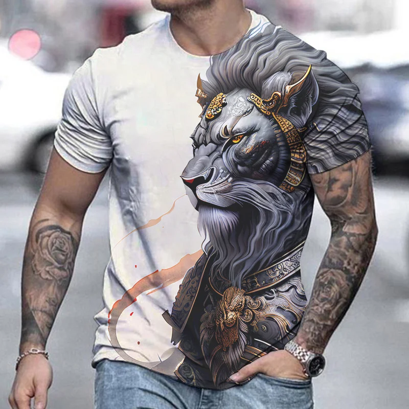 Heren casual T-shirt met leeuwenprint, korte mouwen. Ideaal voor een relaxte en stijlvolle look. Comfortabel en trendy. — foto 7