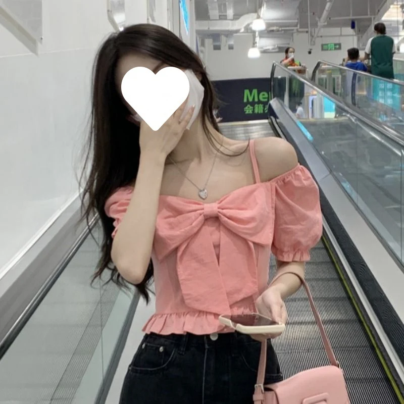 Dames off-shoulder korte top met vierkante hals en ballonmouwen, een unieke en schattige top voor vrouwen. — foto 3