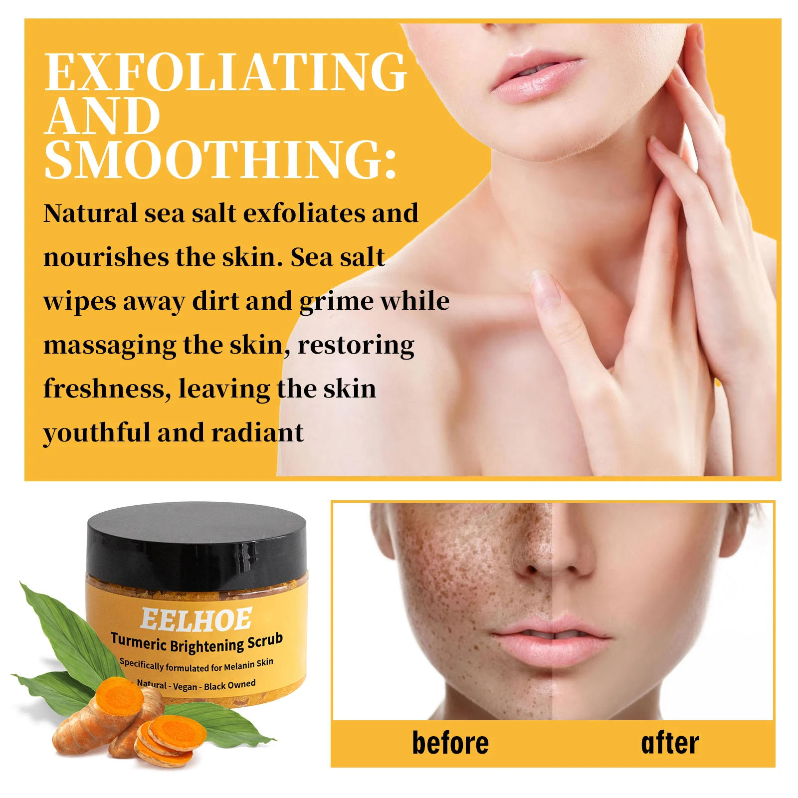 EELHOE Creme Esfoliante Corporal de Cúrcuma Limpeza da Pele Remove Cutículas Hidrata e Deixa a Pele Macia e Radiante Com Ingredientes Naturais — foto 6