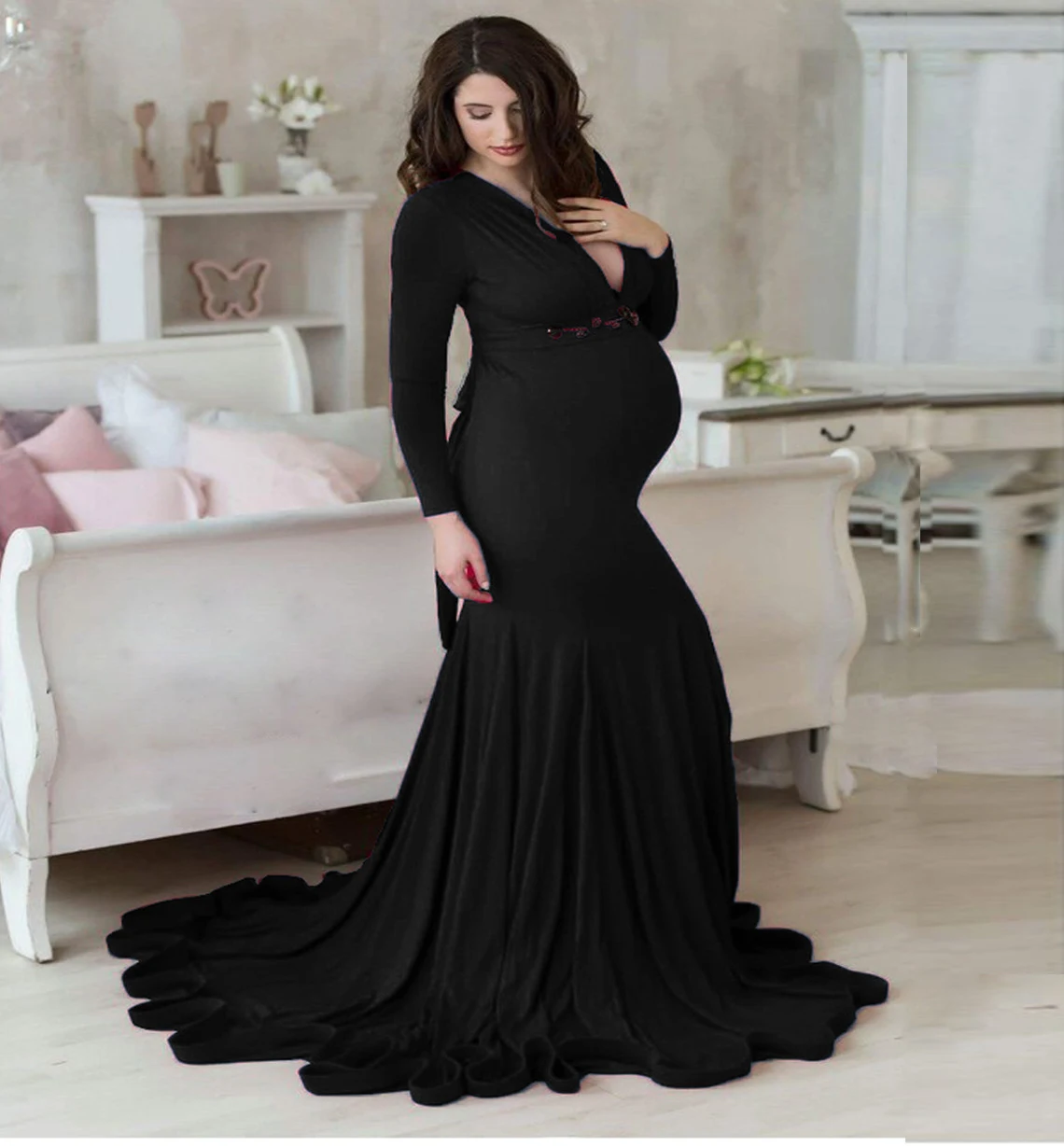 Title 36, Mercerized Cotton Maternity V-neck Mop Long Sle...