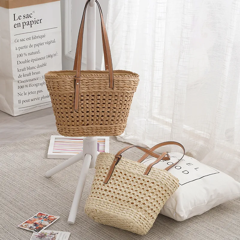Bolsa de Palha Trançada Branca/Cáqui, Urbana e Simples, Grande Capacidade, Ideal para Moda e Uso Diário com Elegância — foto 1