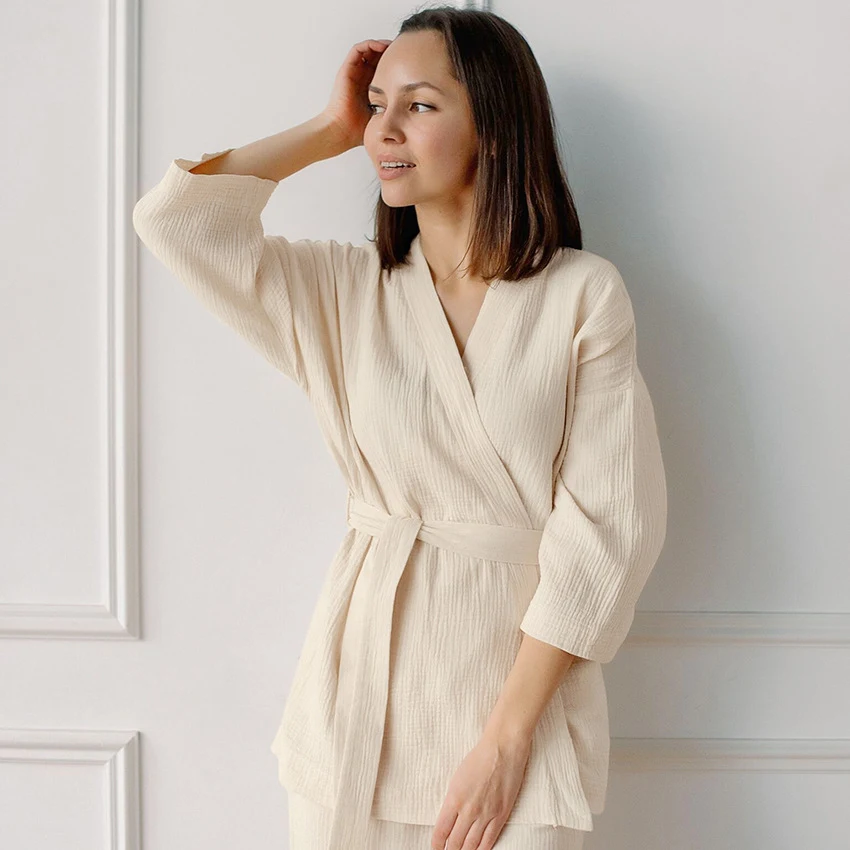 Title 5, Cotton Crepe Pajamas Two-piece Loose Cardigan L...