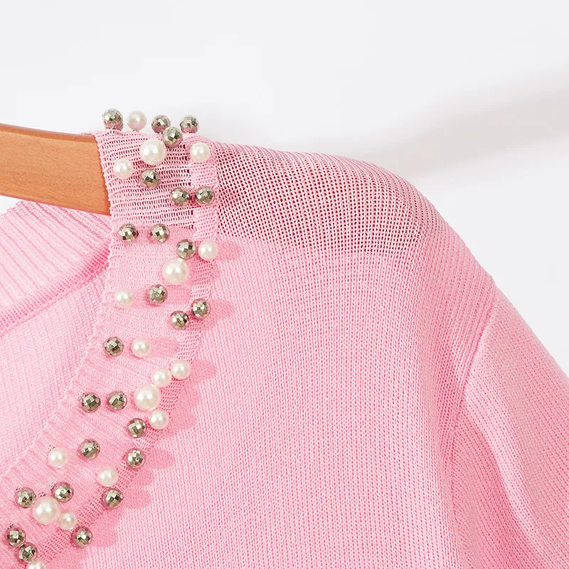 Title 8, New Solid Color Beaded Short Sleeve Loose Round...