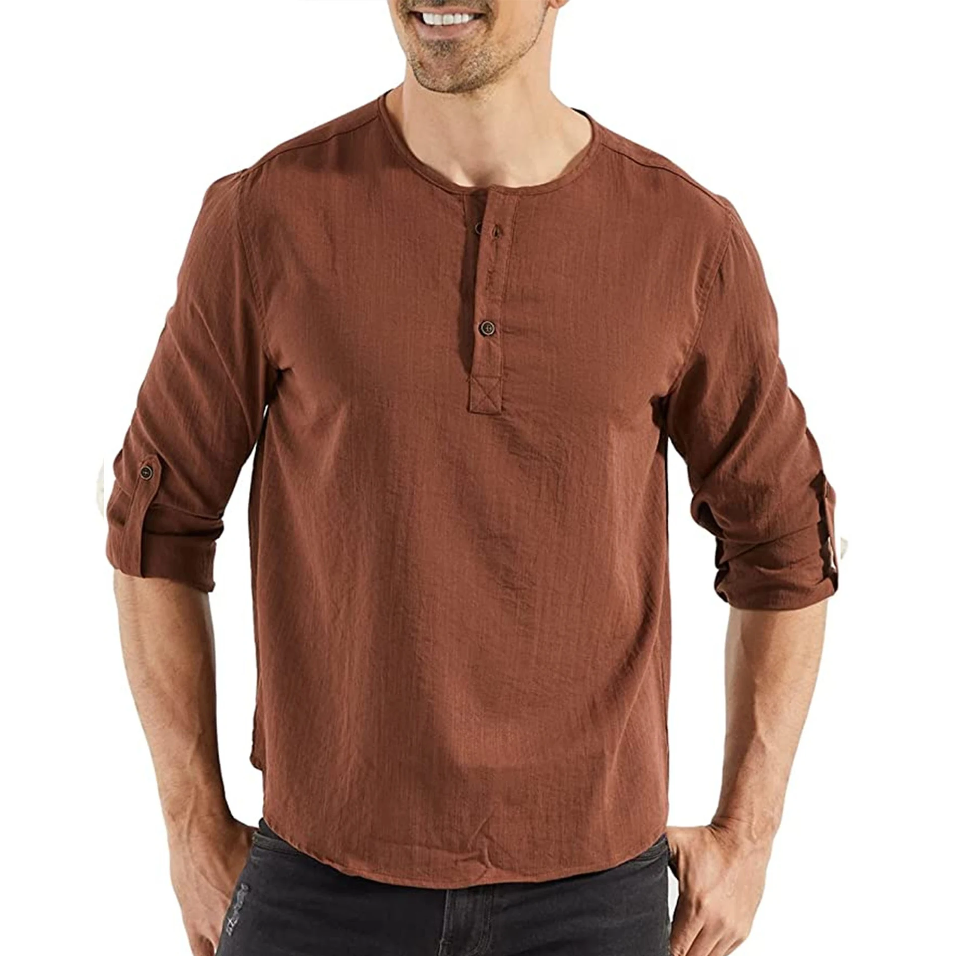 Title 6, Mens Casual Cotton and Linen Plain Long-sleeve...