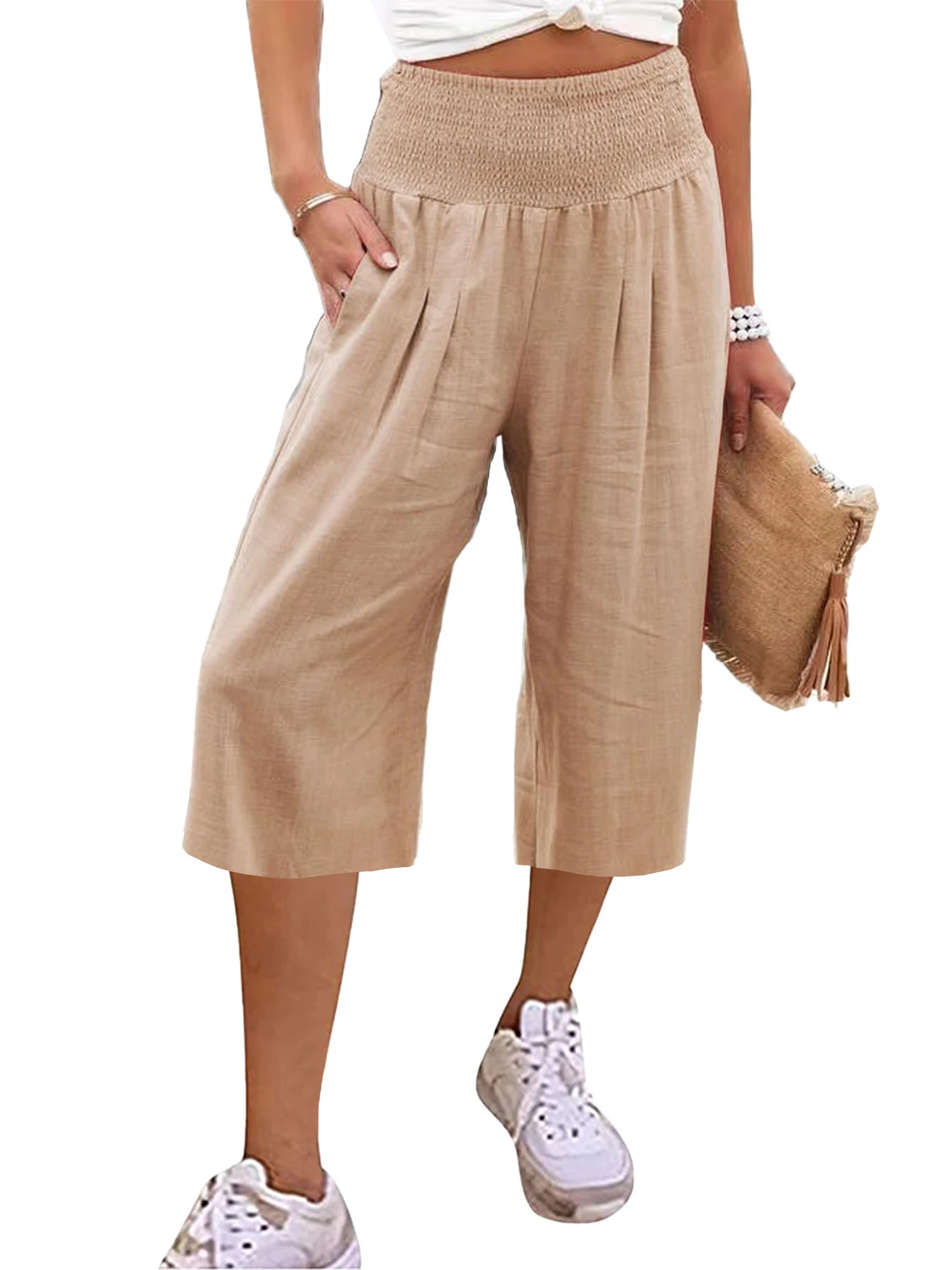Women's Cotton and Linen Cropped Wide-leg Pants, Thin and Casual. Perfect for summer wear, offering comfort and breathab — photo 18