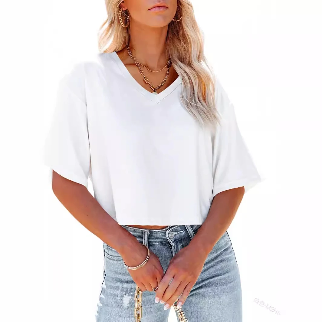 Women's V-neck Short Sleeve Loose T-shirt Short Midriff-baring Top — photo 7