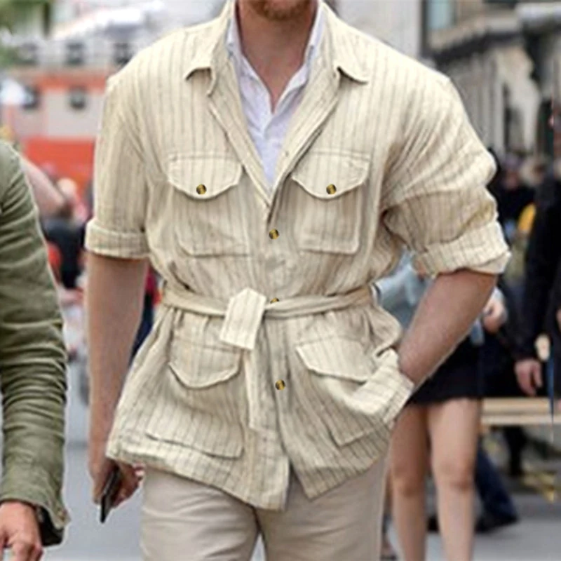 Camisa listrada masculina estilo europeu e americano Roupa masculina elegante e confortável Ideal para looks casuais ou sofisticados Tecido respirável e moderno — foto 6