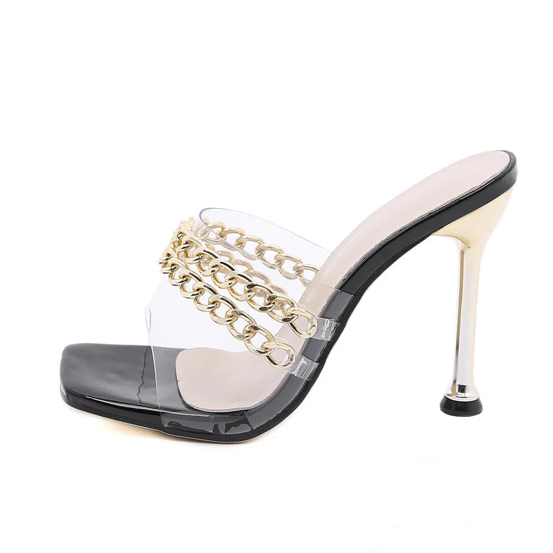 Square-toe Metal Chain Electroplated Heel Sandals and Slippers. Walk in style and comfort with these elegant footwear op — photo 2