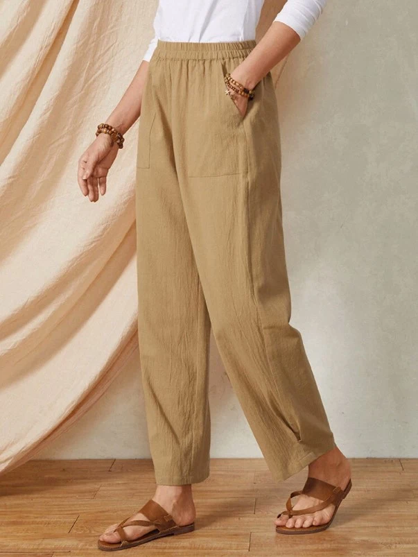Title 3, Pocket Elastic Waist Cotton and Linen Casual Wi...