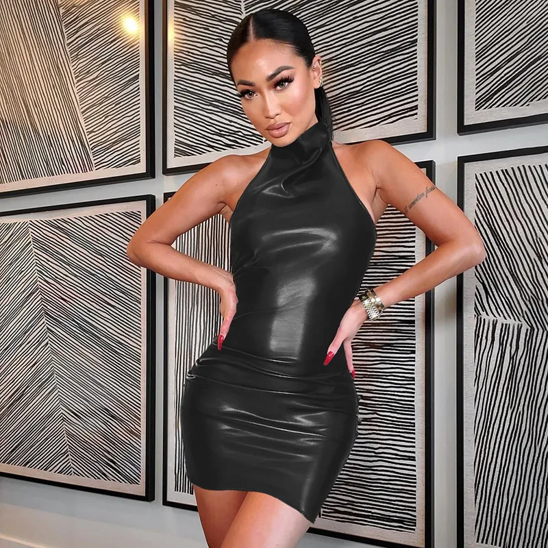 Title 2, Womens Hip Skirt Leather Backless Halter Dress