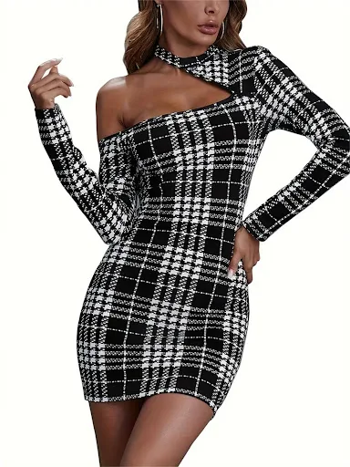 Title 1, Houndstooth Print Bodycon Asymmetrical Neck Dre...