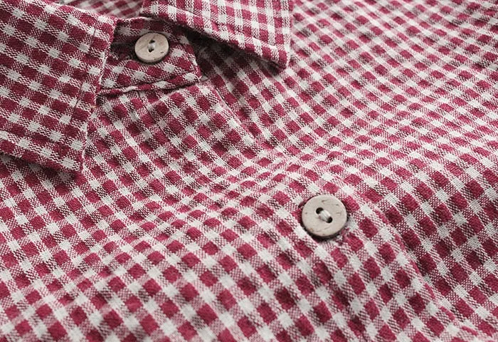 Title 12, Cotton and Linen Ruffled Plaid Lapel Long-sleev...