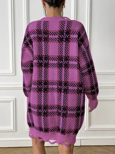 Title 6, Fashion V-neck Plaid Dress Casual Loose Long-sl...