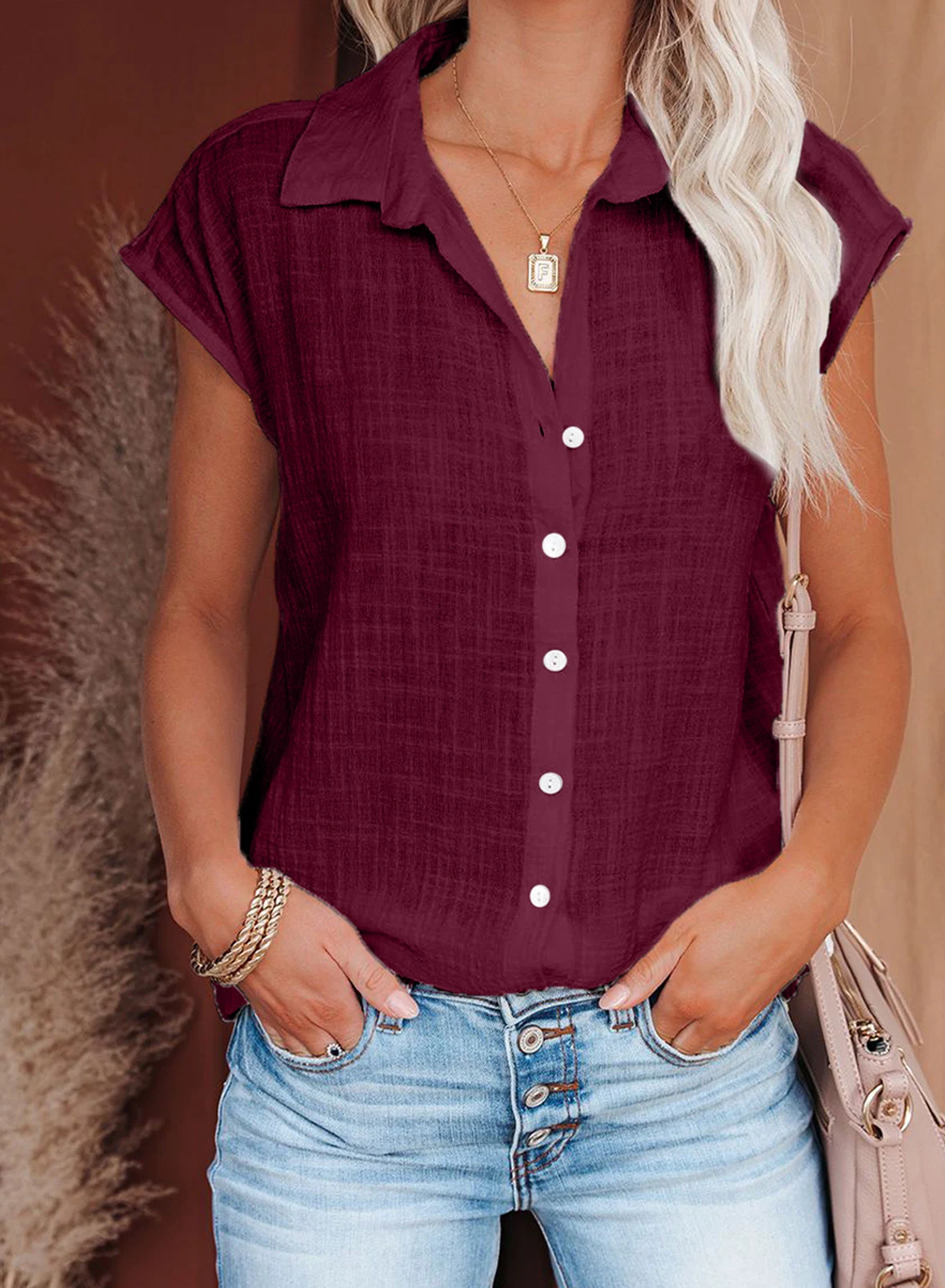 Title 8, Womens Single Breasted Loose Casual Short Slee...
