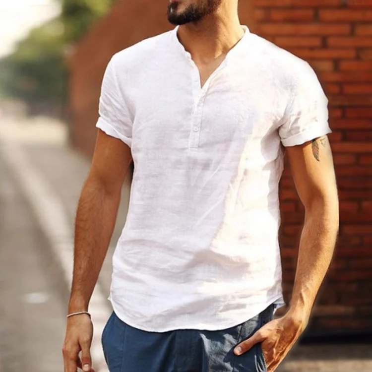 Title 2, Mens stand collar cotton linen short sleeve sh...