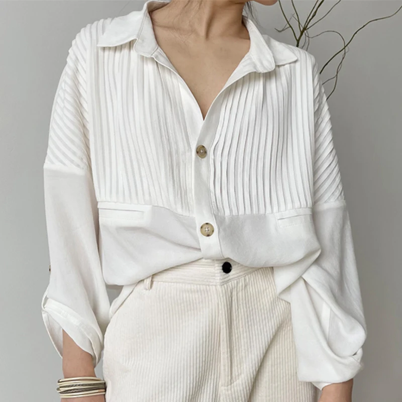 Title 1, Womens Pit Strip Design Pleated White Shirt