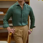 Camisa de linho respirável com gola e manga longa fina, ideal para moda e conforto, leve e fresca, perfeita para o dia a dia. — foto 1