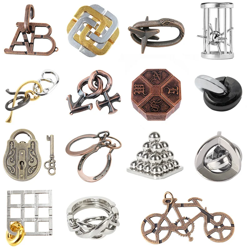 Quebra-cabeça chinês de nó de inteligência, liga de zinco, desbloqueio intelectual looping-off, quebra-cabeça de corda, desafio Burr, dourado — foto 33