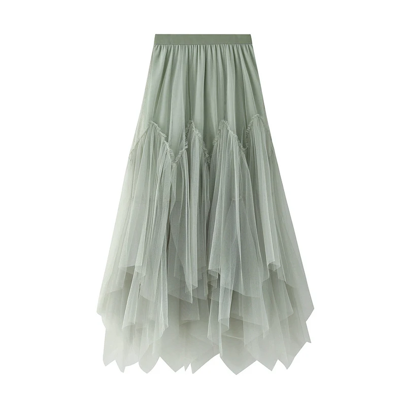 Saia Feminina Outono Inverno Midi A-Line Tule Tutu Saia Longa Mesh Plissada Irregular Elegância e Conforto Para Todas as Ocasiões — foto 1