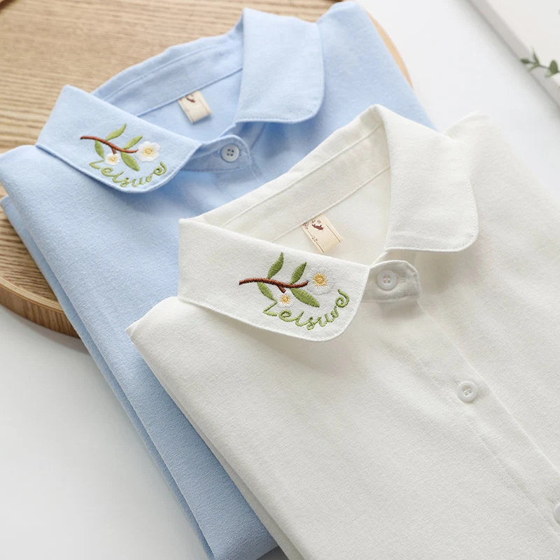 Camisa de manga comprida de algodão de cor sólida com folhas bordadas para mulheres camisa francesa — foto 5