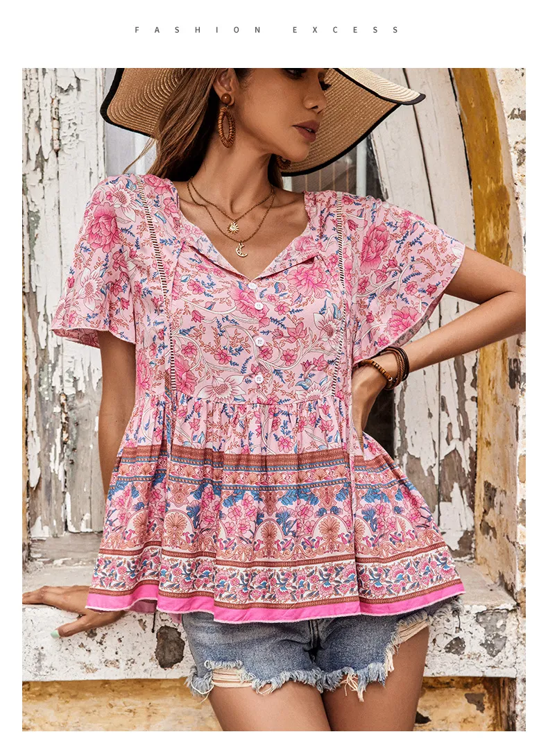 Title 3, Zomerse dames bohemien shirt met print, korte m...