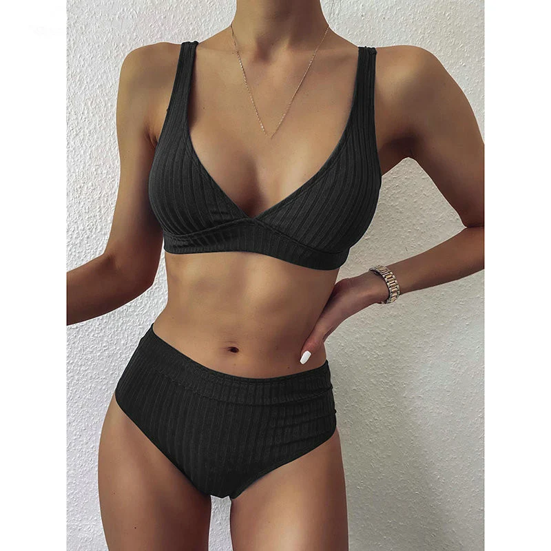 Women's Ribbed High-Waisted V-Neck Striped Sports Solid Color Bikini Suit perfect for swimming and sunbathing. Stylish a — photo 10