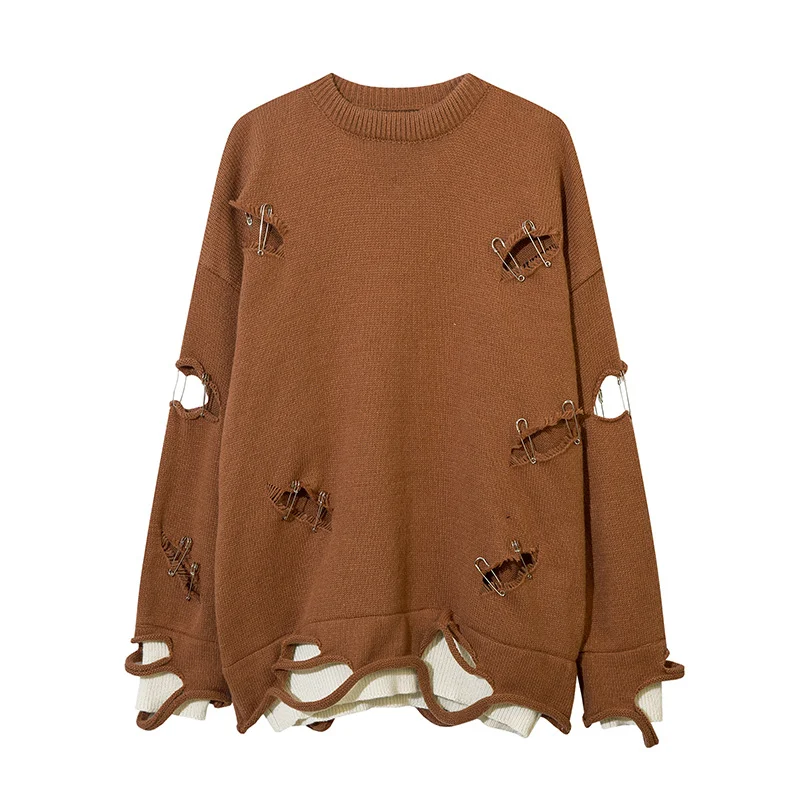 Ripped hollow-out decorative pin knitwear cardigan, perfect for women seeking a fashionable and stylish look. — photo 3