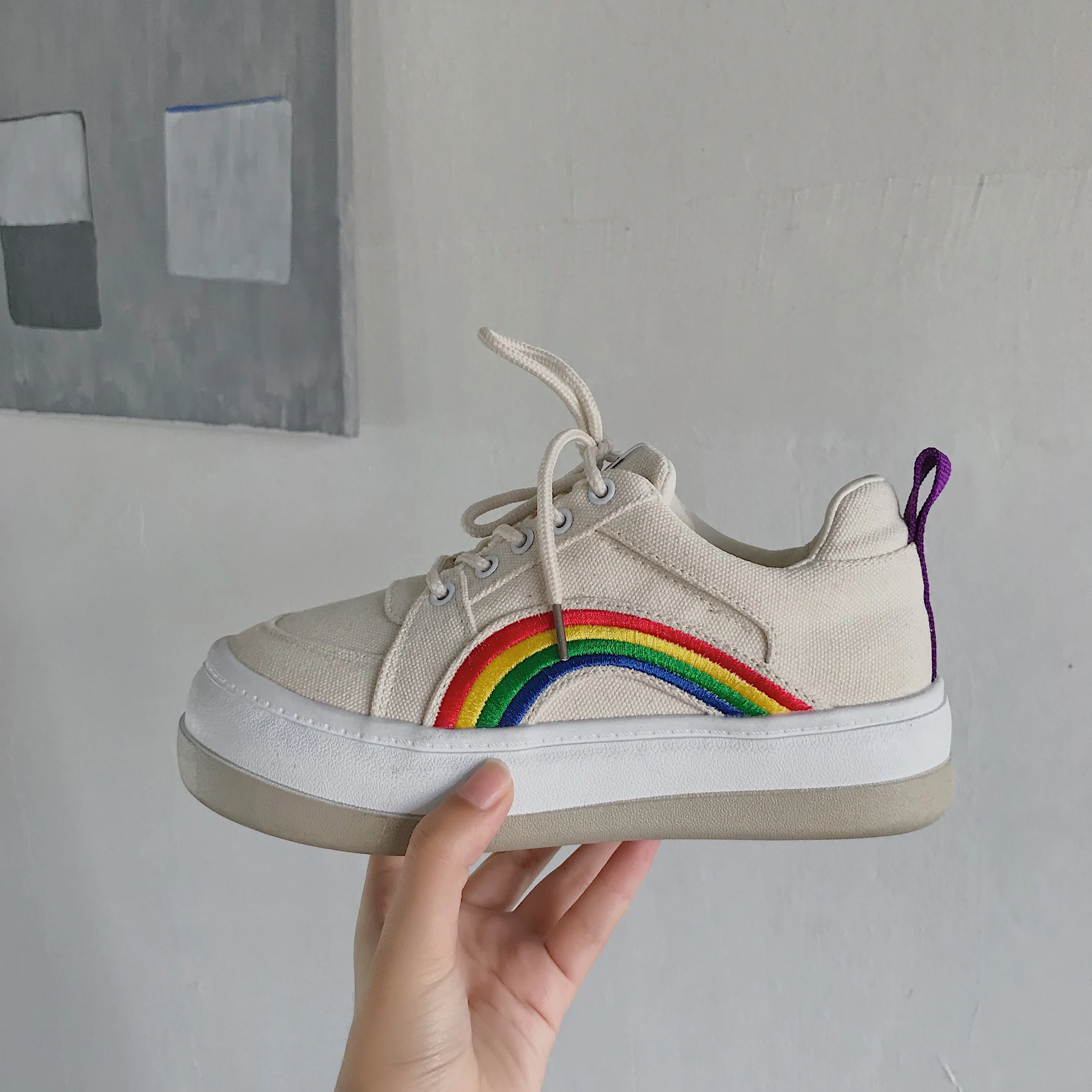 Low cut Harajuku flat rainbow white shoes offer comfortable style. These flats are perfect for a unique, eye-catching lo — photo 6