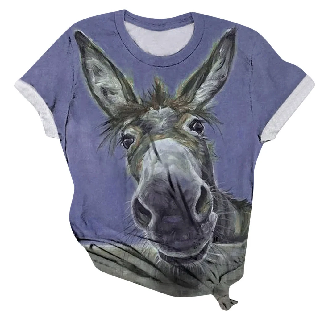 Donkey Head Printed Round Neck Short Sleeve Women's T-shirt offers a comfortable and fun casual look, soft fabric, perfe — photo 3