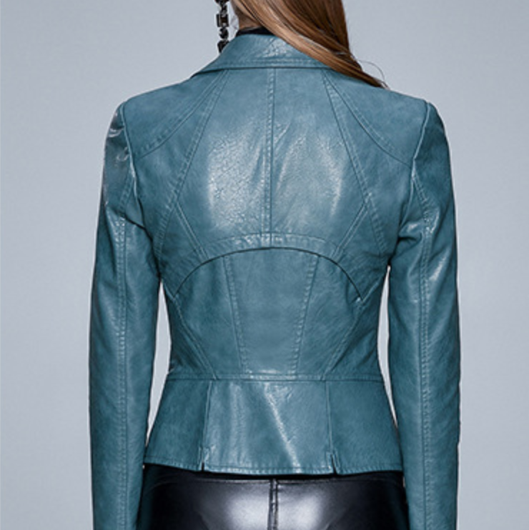 Jaqueta de couro PU slim fit feminina, moderna e estilosa. Perfeita para looks casuais ou sofisticados, proporciona conforto e elegância em todas as ocasiões. — foto 6