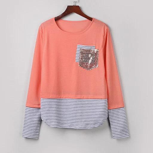 Title 22, Striped casual sequin pocket long sleeve T-shir...