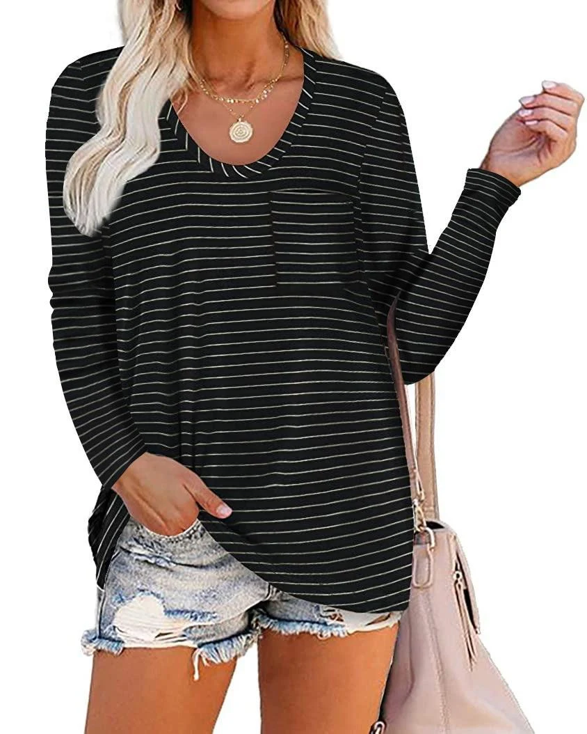 Title 9, Striped Pocket Long-sleeved Casual Loose Top, a...