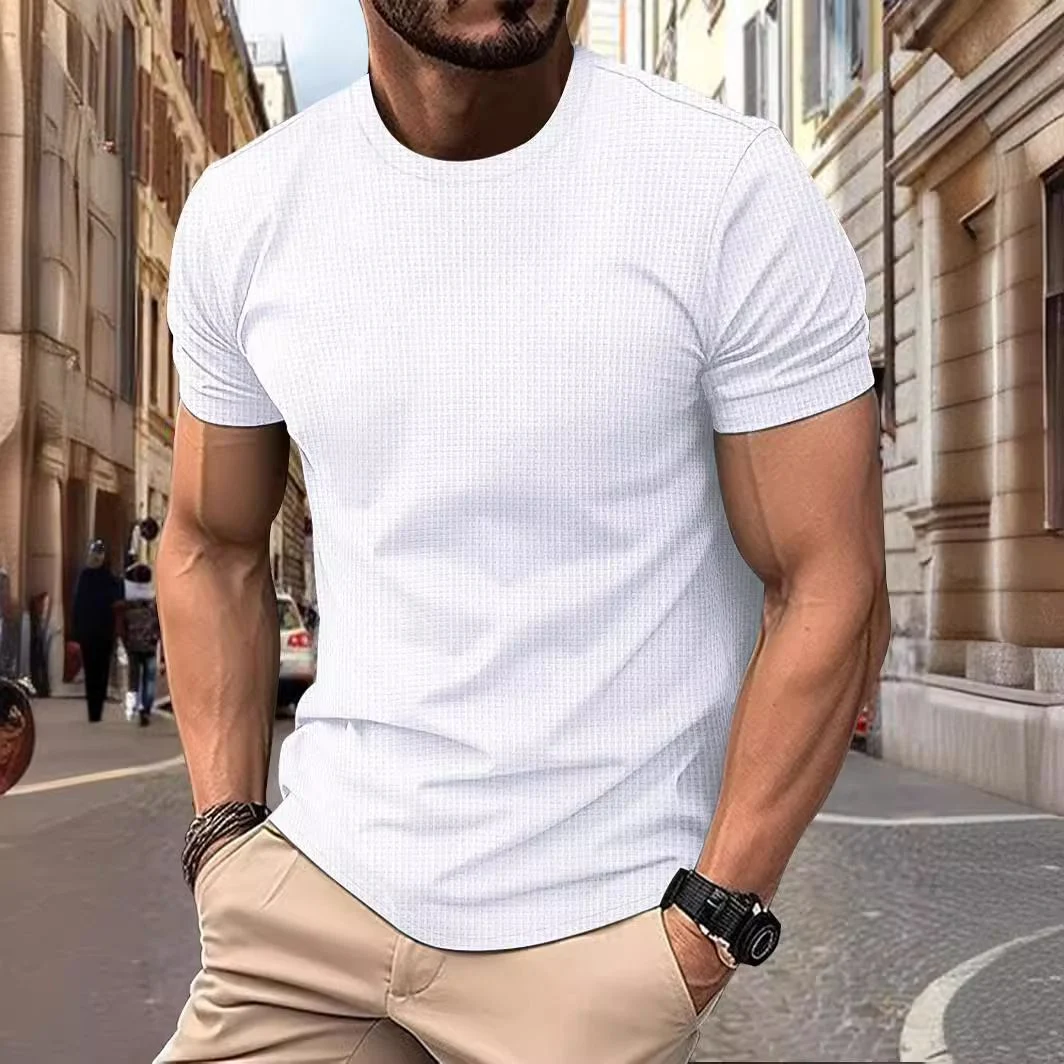 Camiseta masculina de manga curta de seda de gelo com gola redonda, verão, cor sólida, malha respirável, alta qualidade e conforto. — foto 1
