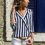 Women's V-neck striped shirt, a comfortable and stylish choice for everyday wear. Experience classic design and effortle — photo 4