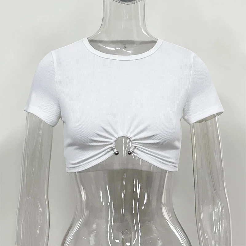 Women's Hollowed Out Round Neck Short Sleeved T-shirt. Breathable and stylish. Perfect for summer, this top offers comfo — photo 2
