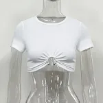 Women's Hollowed Out Round Neck Short Sleeved T-shirt. Breathable and stylish. Perfect for summer, this top offers comfo — photo 2